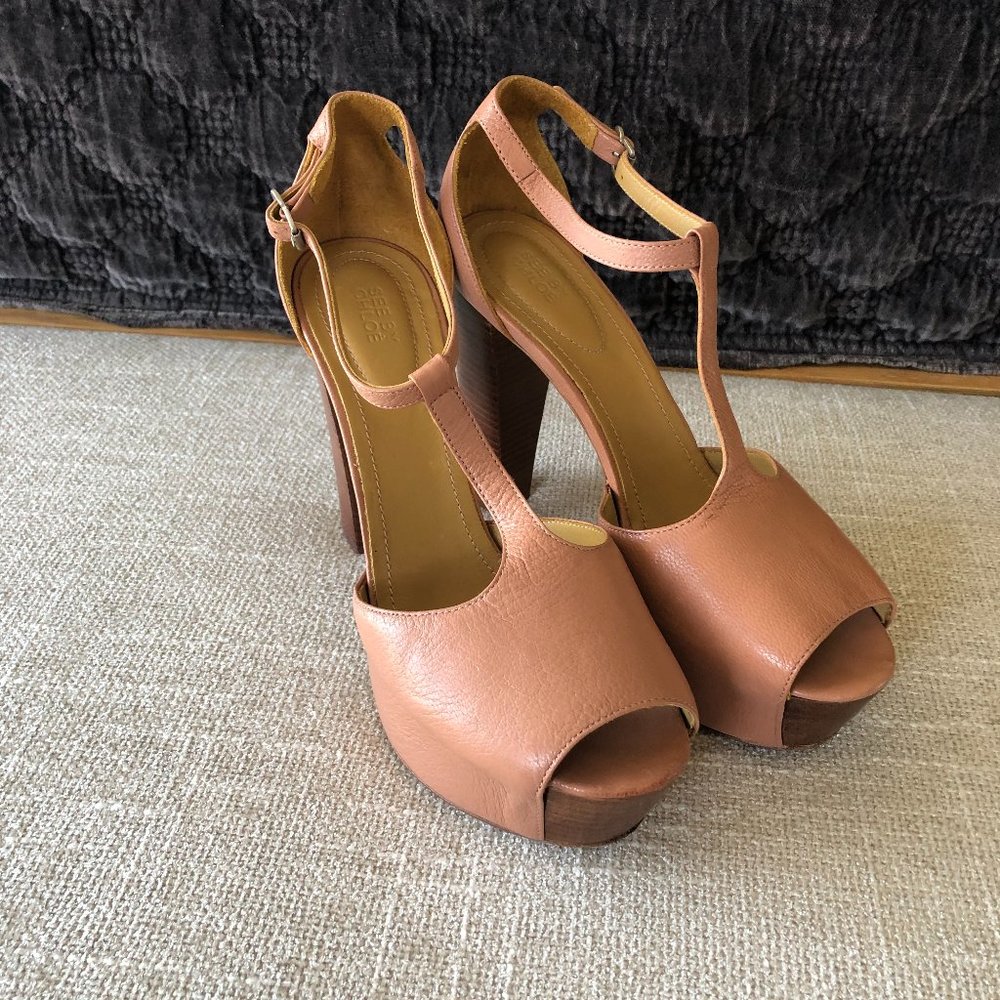 See By Chloe 5 Inch Platform Coral Blush Heels